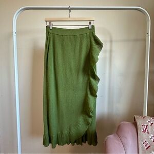 Mango | Olive Green Ruffle Midi Skirt Size M
